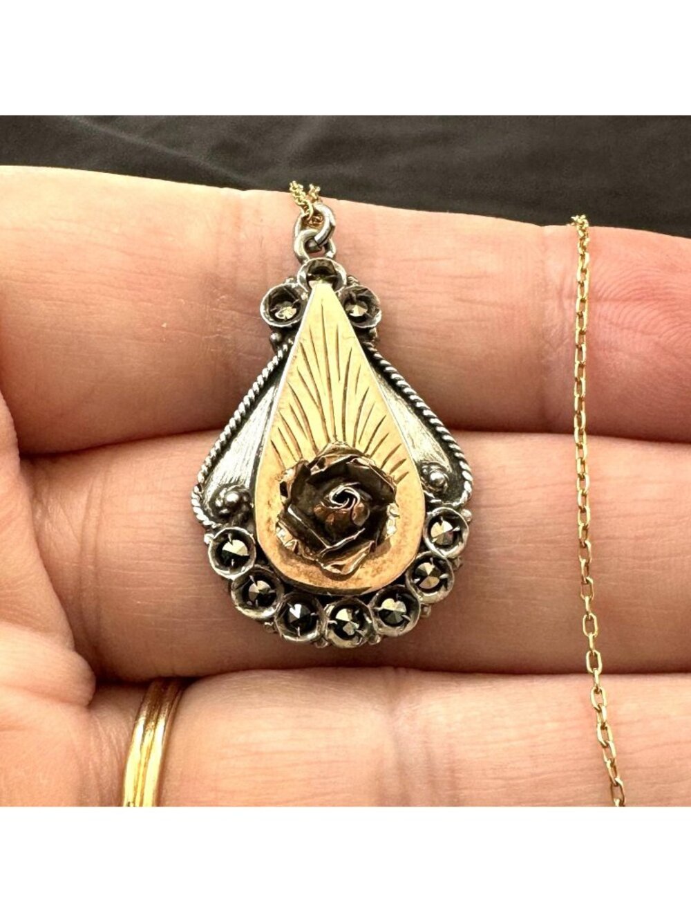 Rose Scroll Design Sterling Silver & Yellow Gold Antique Necklace 19" Chain